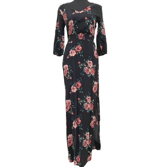 Forever 21 Dresses & Skirts - Forever 21 Black Floral Rose Print V-Neck Smocked Waist Maxi Dress S Cottagecore